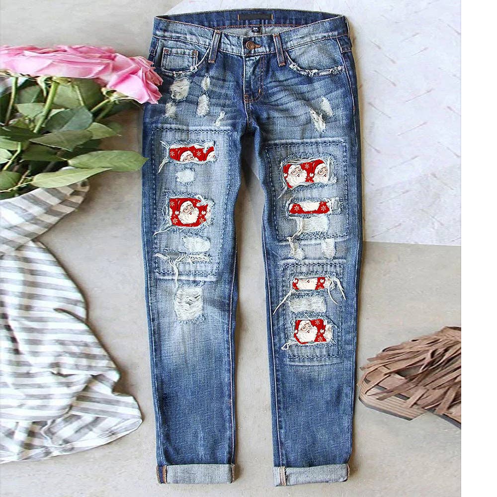 Distressed Printed Mid-Rise Straight Leg Jeans