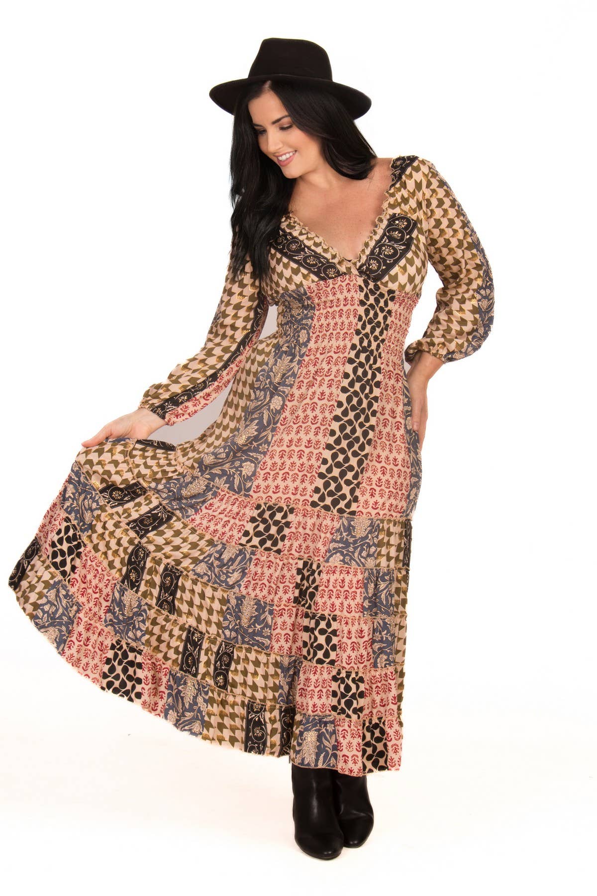 SILK GODDESS DRESS WITH LONG SLEEVES - OLIVE
