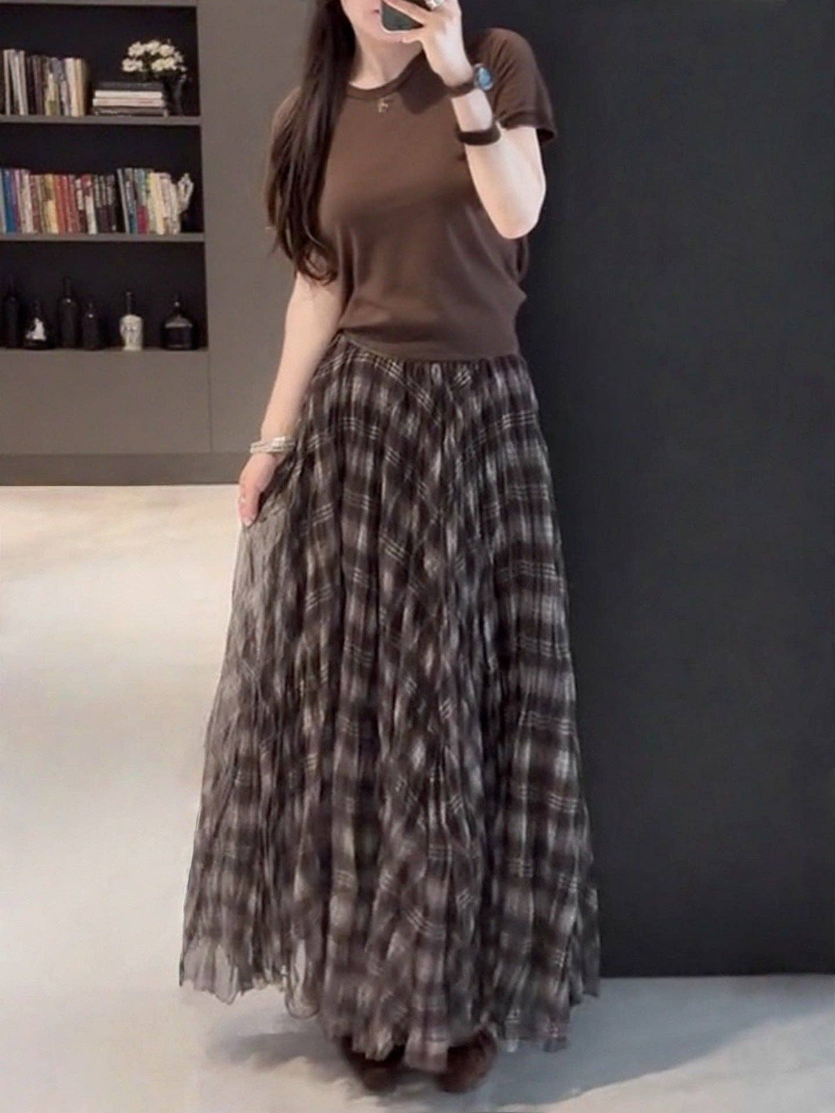 Vintage Plaid Pleated Maxi Skirt