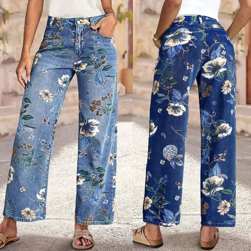 Floral Print High-Waisted Wide-Leg Jeans Relaxed Fit Denim