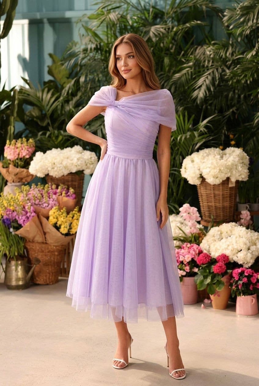 Short Tulle Dress with Draped Shoulders