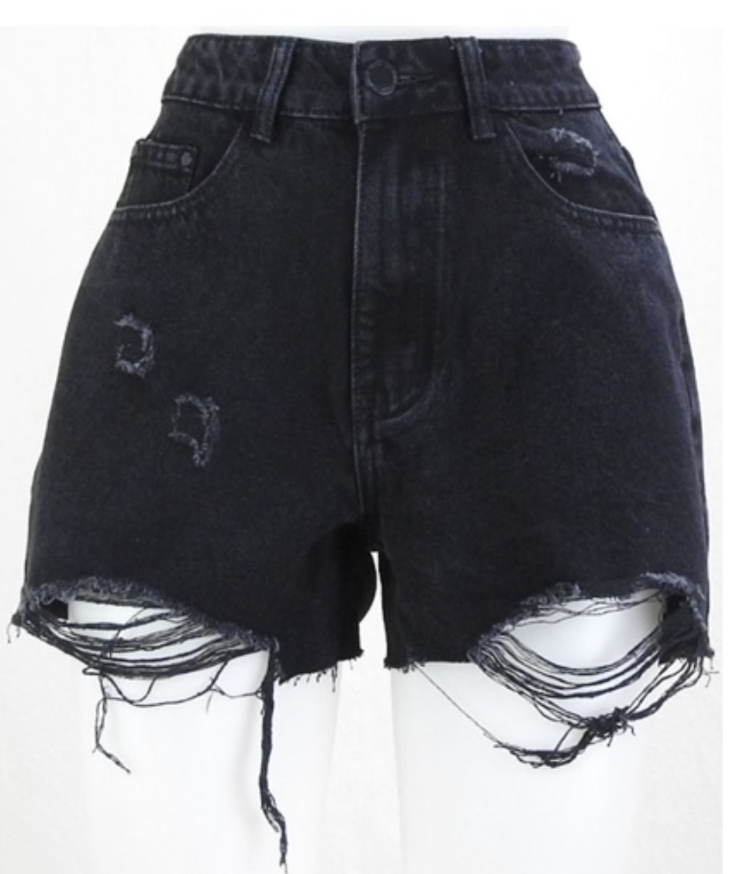 Ripped Denim Shorts - Black .
