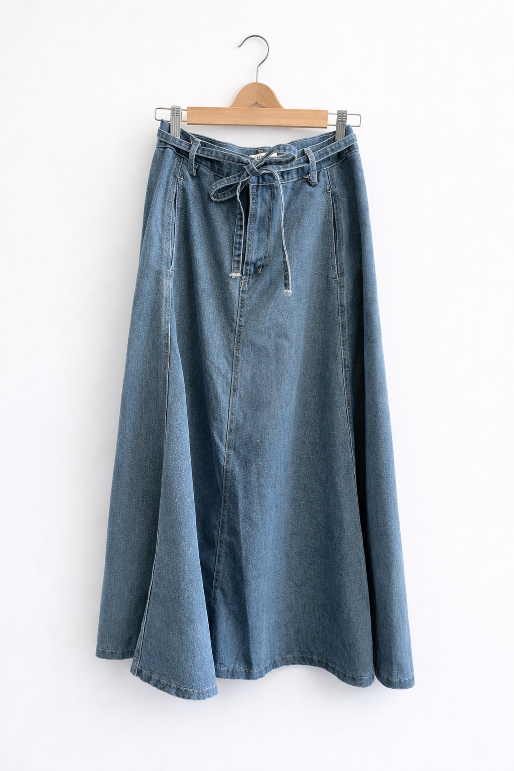 Tie Belt Wide Hem Maxi Denim