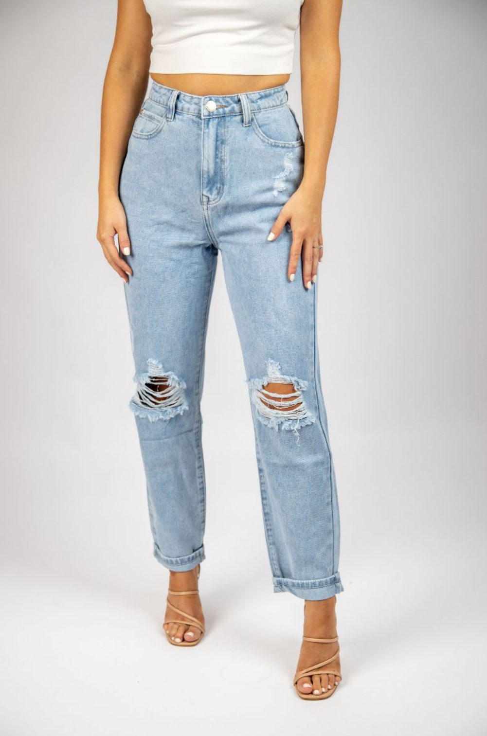 Straight Leg Distressed Jeans - Light Blue.