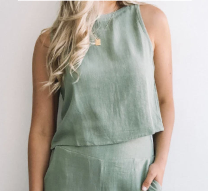 Kimmy Linen Crop Top - Sage.