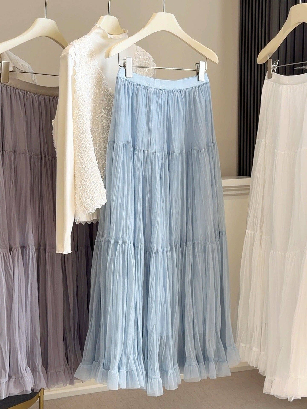 High Waist Tulle A-Line Midi Skirt