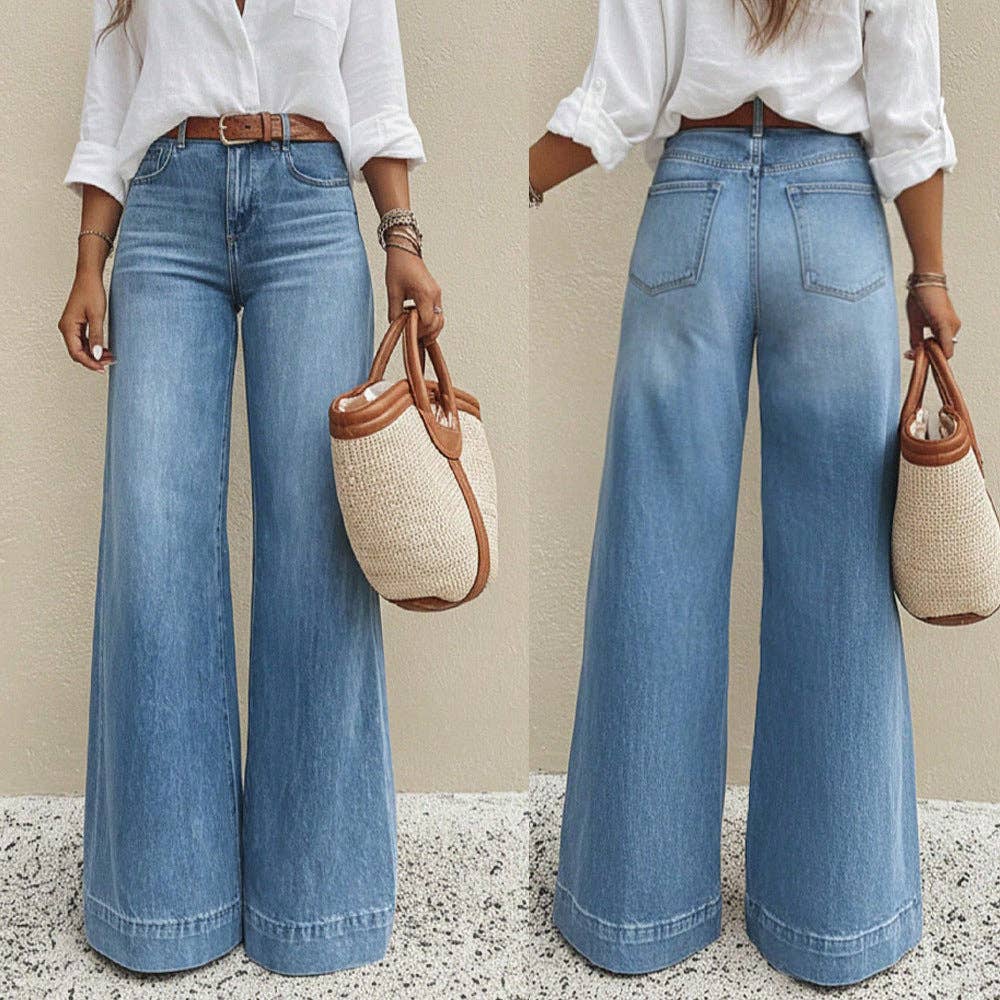 Vintage Wash Wide-Leg Jeans for Women – Casual Denim Trousers