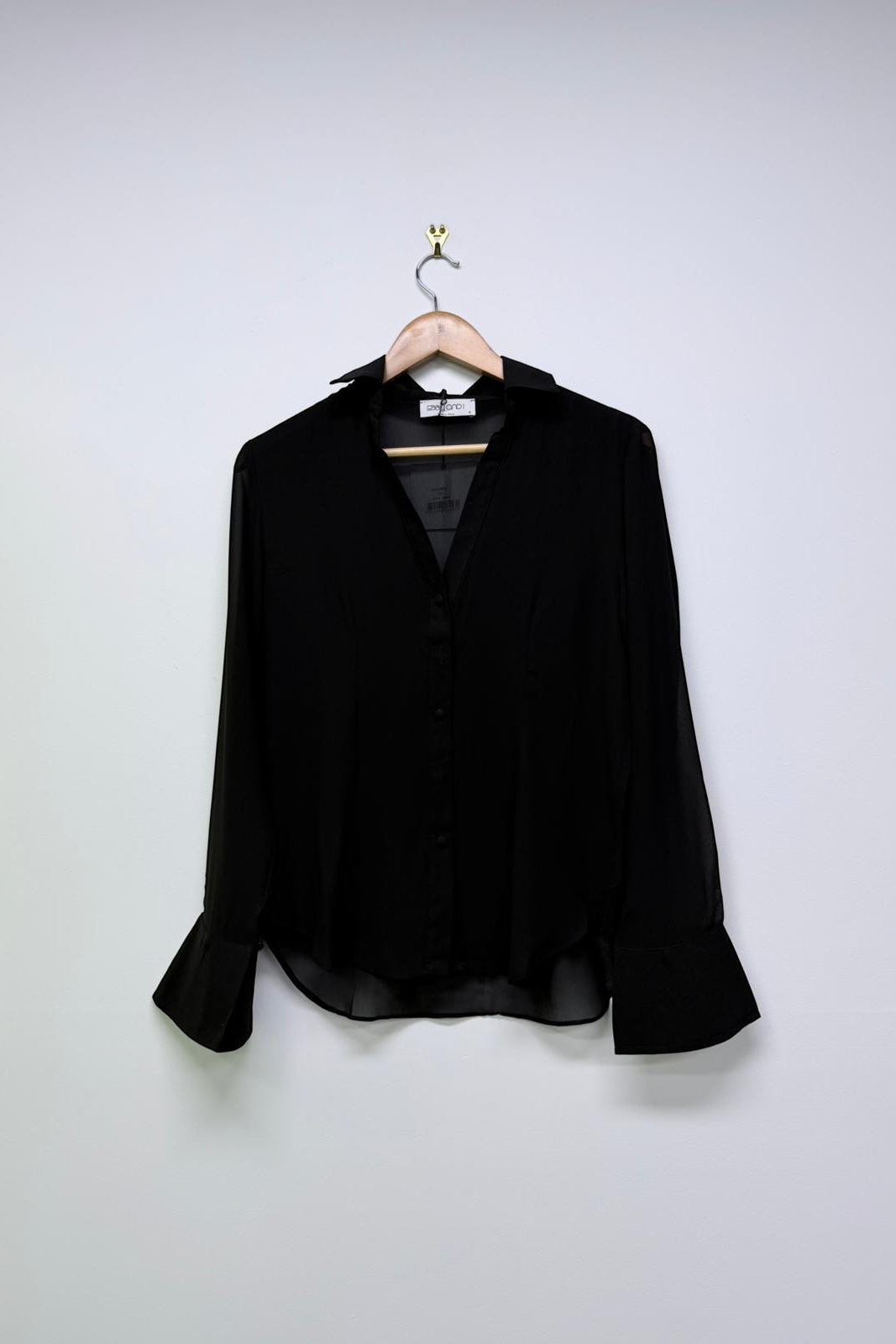 Ebby and I  black sheer button-up shirt with flared cuffs and a pointed collar.