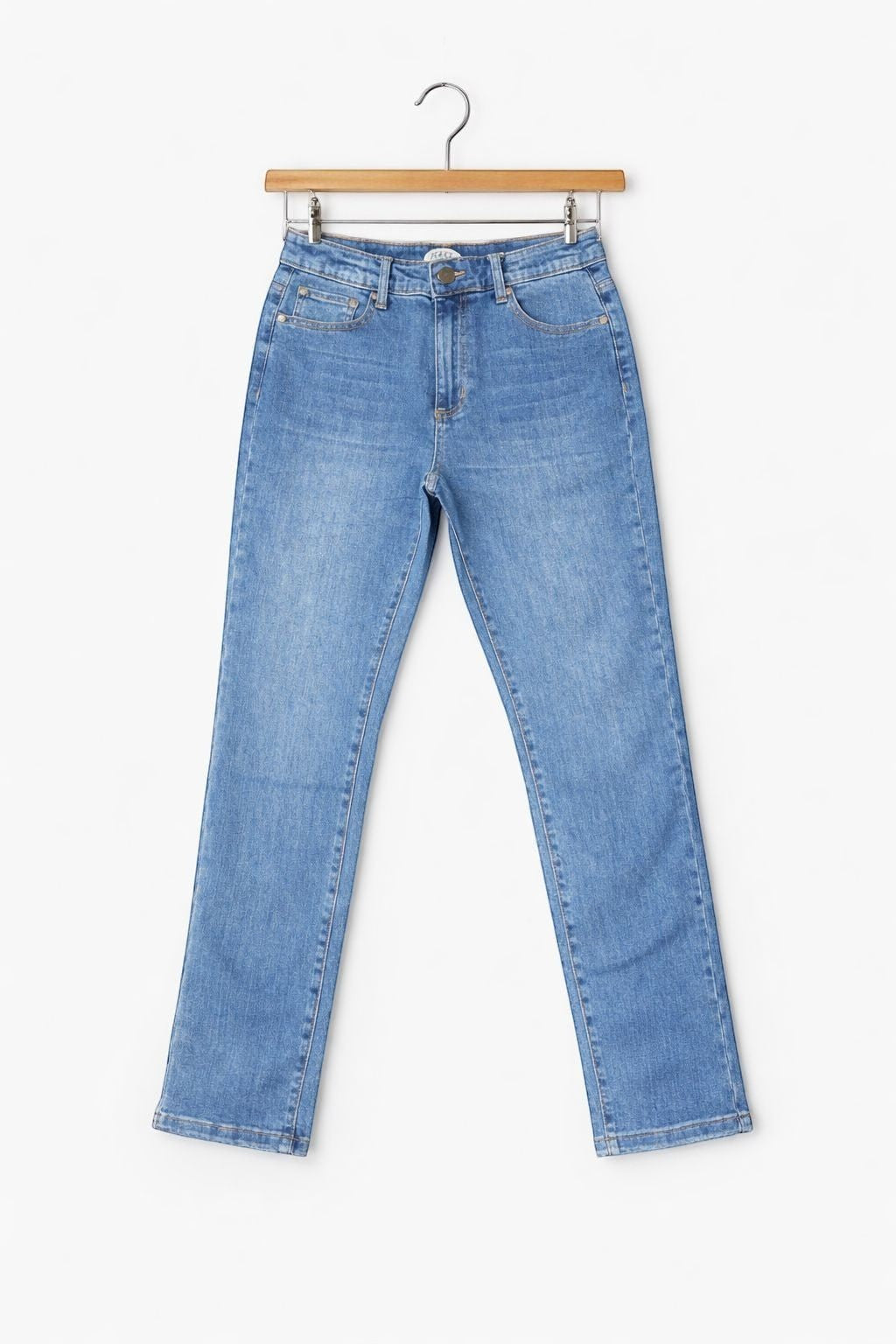 Rumours & Runways blue denim straight leg Wakee jeans with classic five-pocket styling.