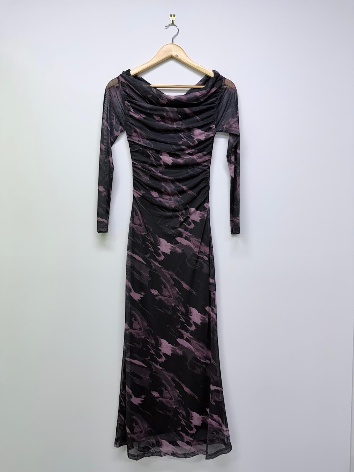 Rumours & Runways black and purple smoke print mesh maxi dress with cowl neck and ruched detailing.