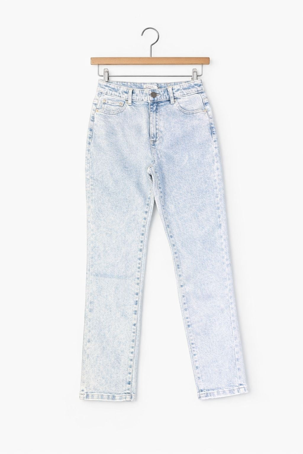 Rumours & Runways light blue acid wash denim straight leg Wakee Jeans with a button and zip closure.