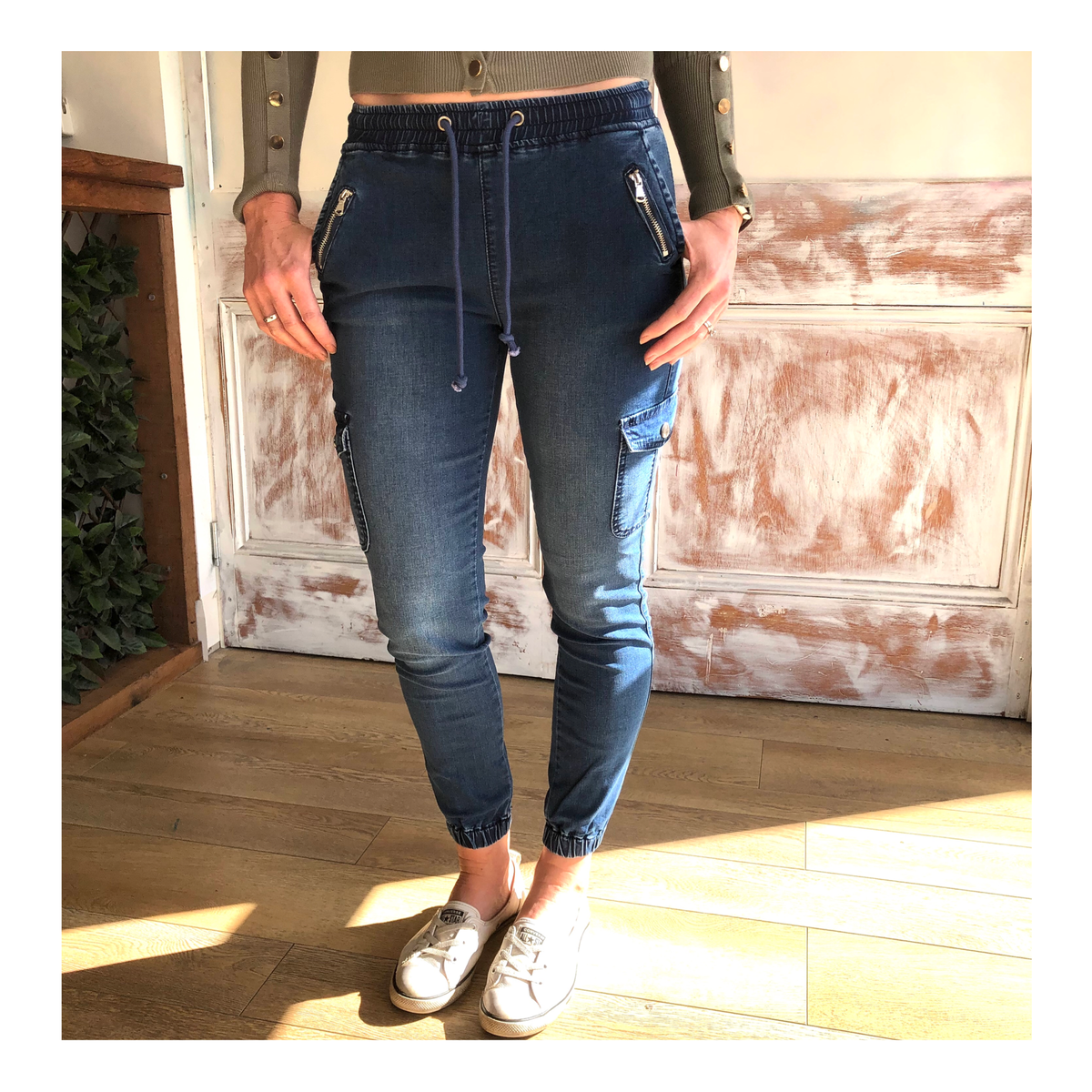 Wakee Denim Cargo Joggers Zip pockets - Blue Denim.
