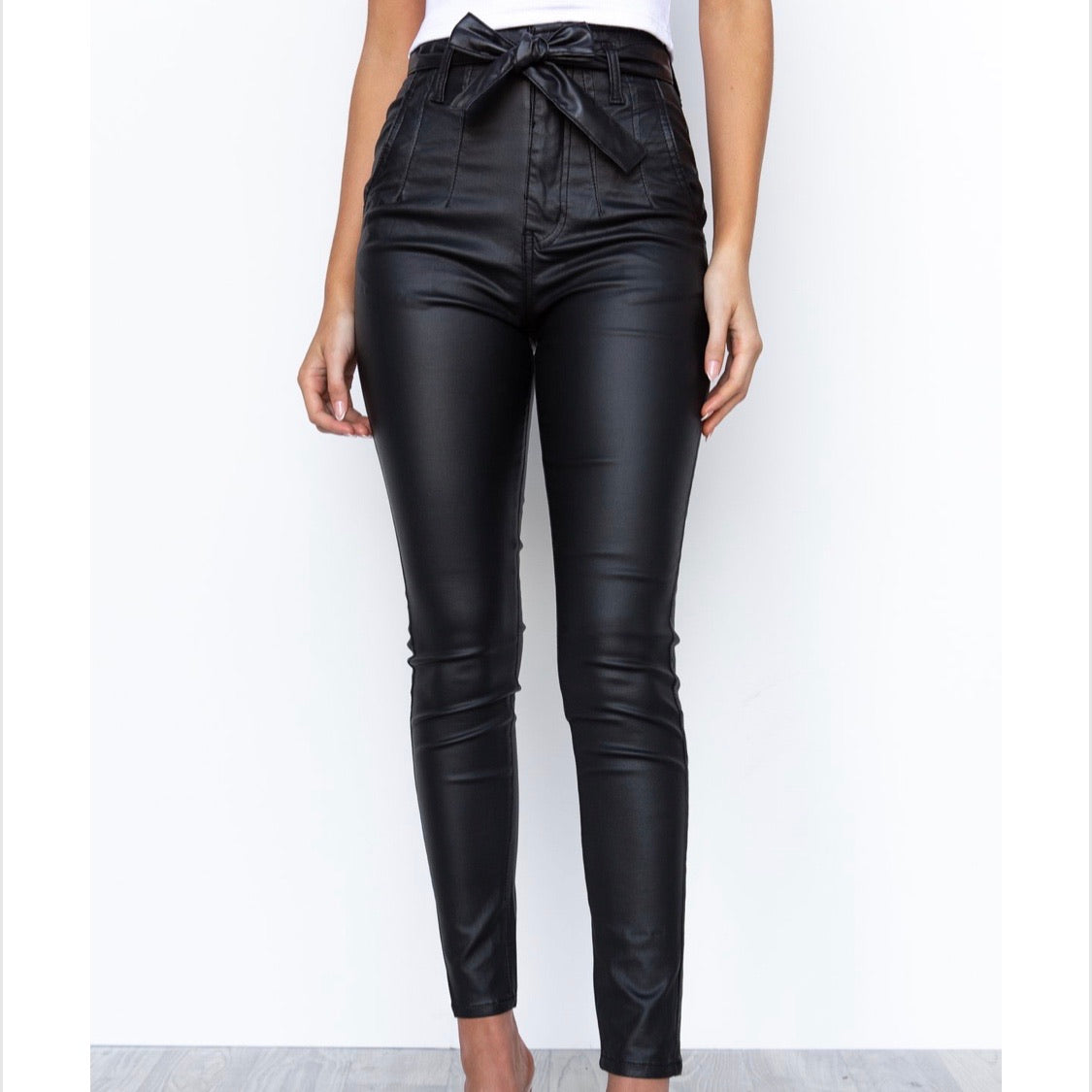High Waisted Tie up Leather Look Pants - Black.